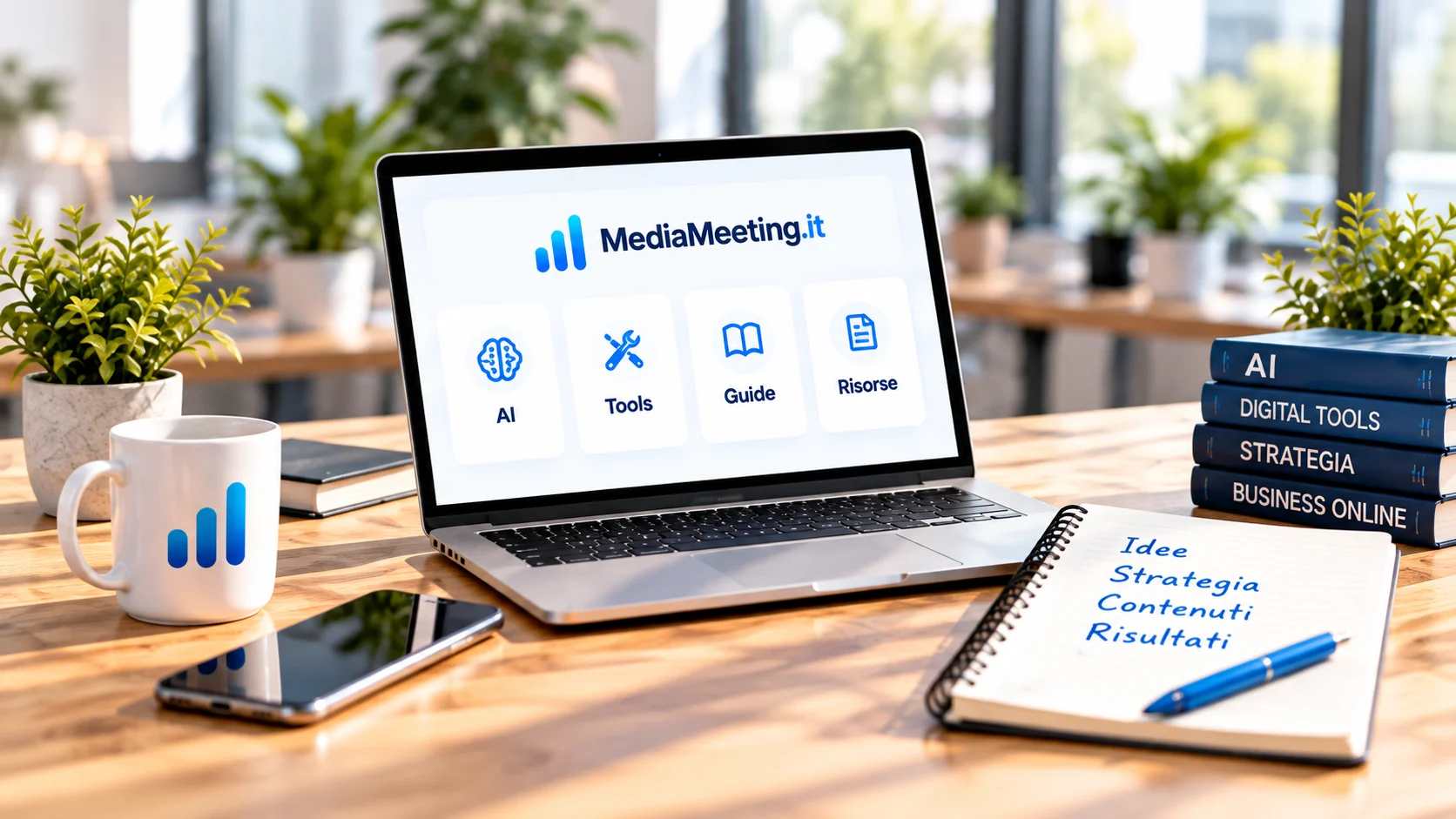 Computer con le aree AI, Tools, Guide e Risorse di MediaMeeting, su una scrivania con appunti e materiali di lavoro