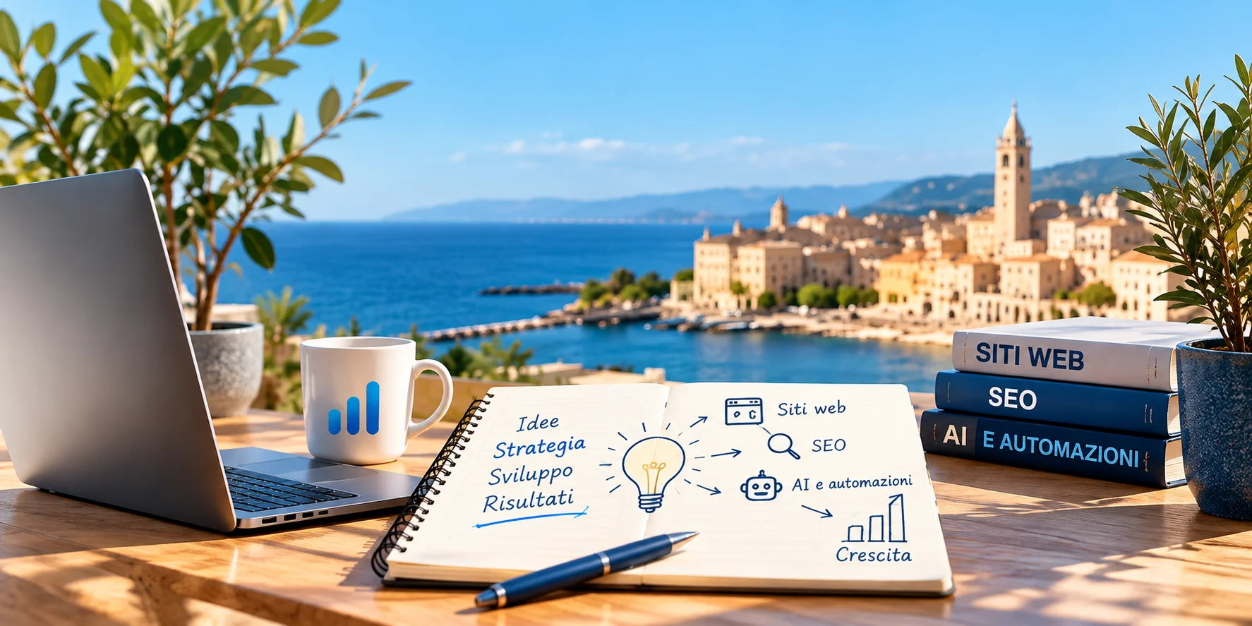 Scrivania affacciata sul mare con computer, appunti di progetto e materiali su web, SEO e automazioni