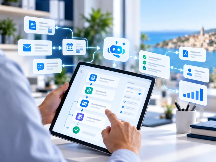 Workflow di automazione con strumenti di intelligenza artificiale su un tablet