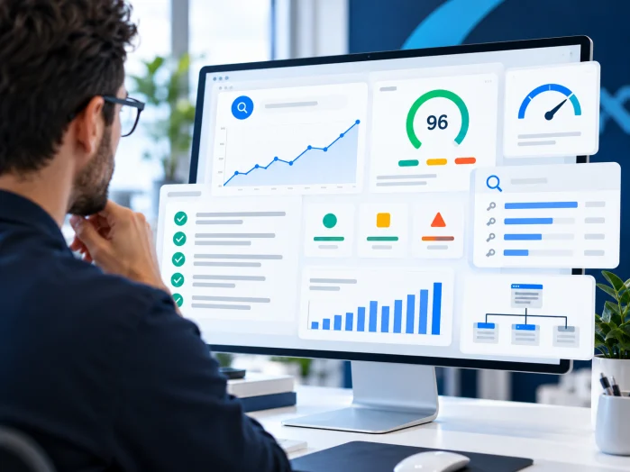 Analisi SEO e indicatori di performance su un monitor