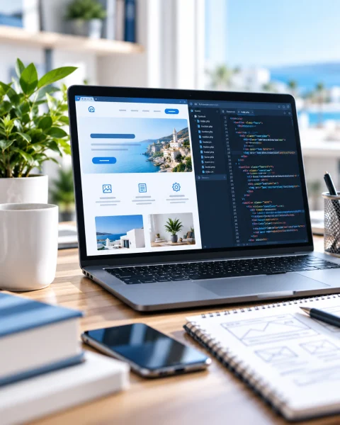 Sito web e codice di sviluppo sullo schermo di un computer portatile